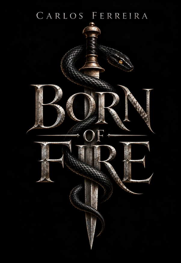 Born of Fire book cover, featuring a black serpent entwined around a sword